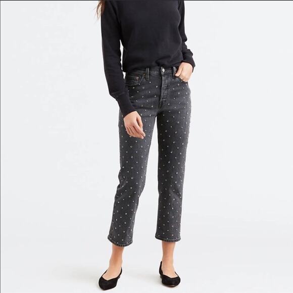 NEW LEVIS 501 Original Cropped Studded Black High Rise Straight Denim Jeans 25 - Picture 3 of 8
